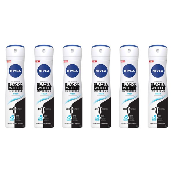 NIVEA Black &amp; White Invisible Fresh Anti-perspirant Deo Spray, 6x150ml