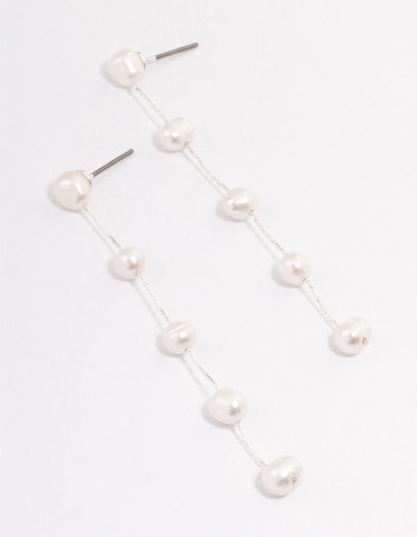 Silver Plated Five Freshwater Pearl Long Drop Earrings