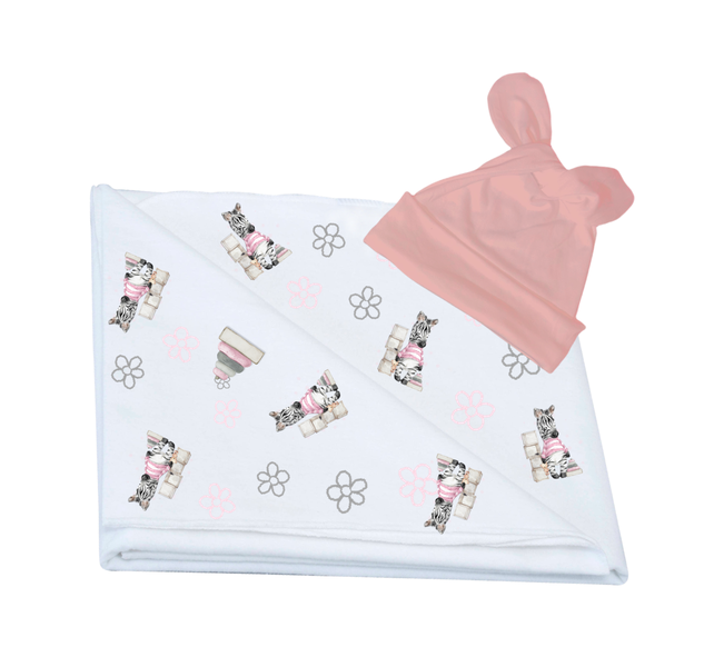 Baby swaddle &amp; newborn knotted beanie-Baby girl pink Zebra