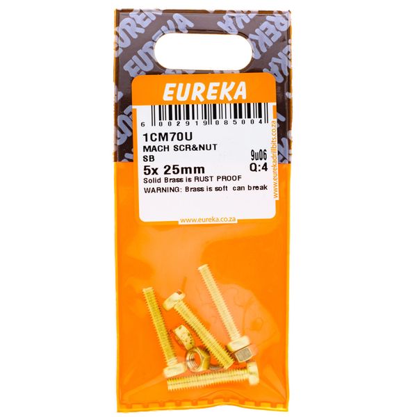 EUREKA Machine Screw &amp; Nut Solid Brass 5 x 25mm Q:4 1CM70U