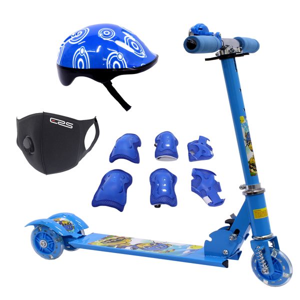 Scooter 3Wheeled-Folding-Light Up Wheel-Helmet &amp; Protective Gear Kit-Blue