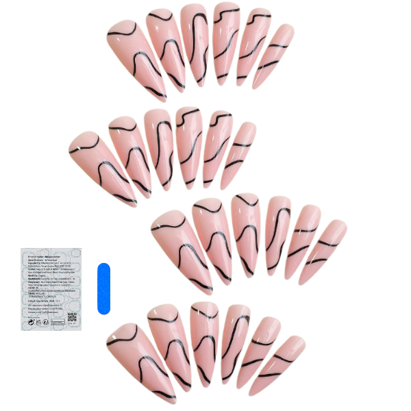 24 Pieces Elegant Pink &amp; Black Abstract Design Press-On Nails Set - Black