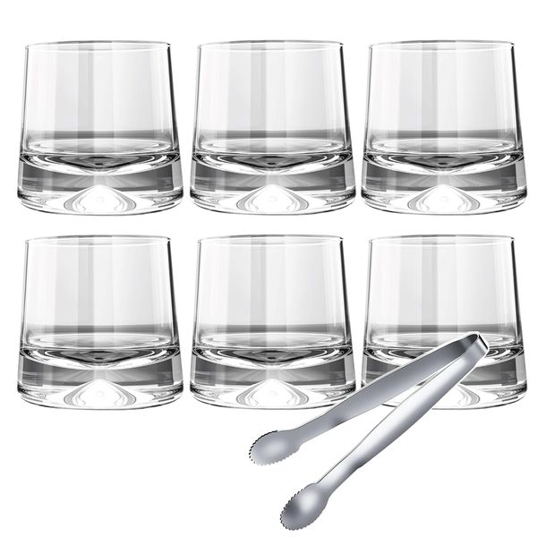 6 x Premium Rocks Glasses for Cocktails and Bourbon, With Ice Cube Tongs