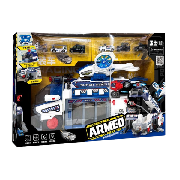 TEETO TOYS Jumbo Police Rescue Truck Playset with Cars &amp; Helicopter