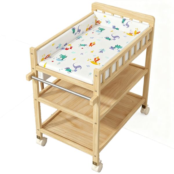 Solid Wood Baby Changing Table in Natural-Diaper Station Storage Shelves