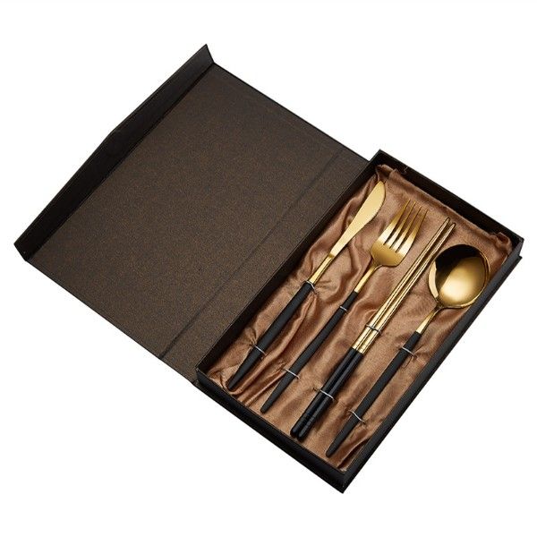 4 Piece High-End Dinner Cutlery Set With Chopsticks - Black and Gold