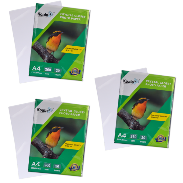 Koala A4 High Gloss Photo Paper 260gsm Inkjet Printer 20 Sheets Pack-3 Pack