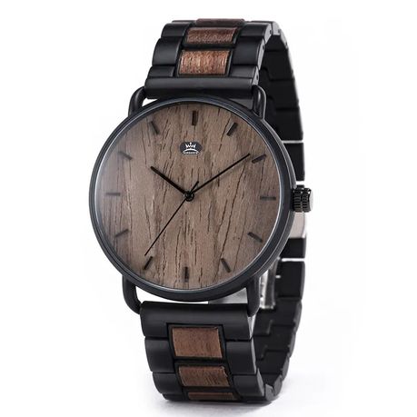 Minimalist Mans Classic Handmade Walnut Black Wooden Watch Shop