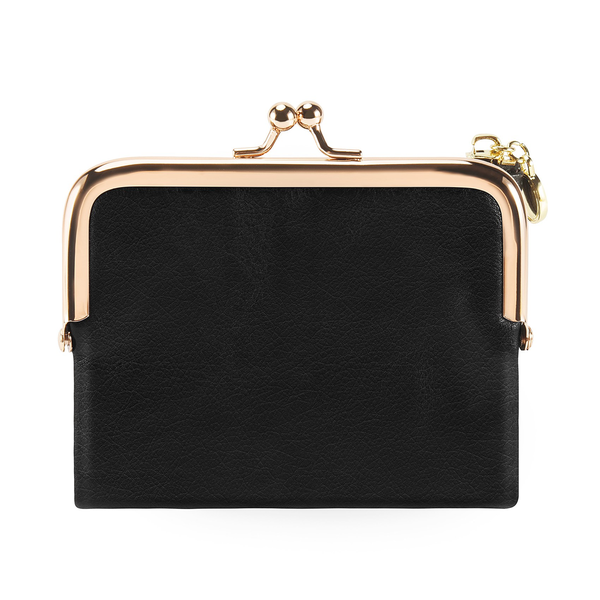 Women's Short Wallet Bifold Coin Purse with Zip and Kiss Lock Black