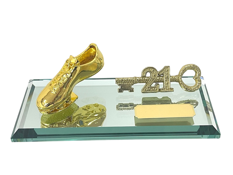 21st Key with Soccer Boot on Glass Mirror Base