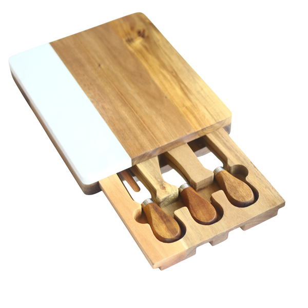 Maisonware Cheese Board Set - Hidden Drawer &amp; Marble Platter - 25 x 20cm