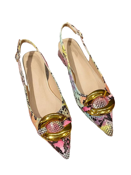 Women Snakeskin Embossed Metal Decor Point Toe Slingback Flats