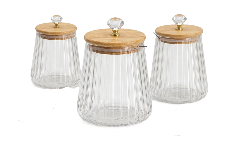 3-Piece Ribbed Glass Canister Set with Bamboo Lids &amp; Crystal Knobs