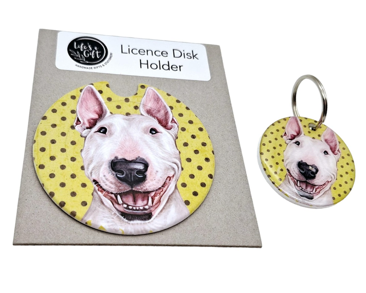 White Bully Smiling Licence Disk Holder with Keyring