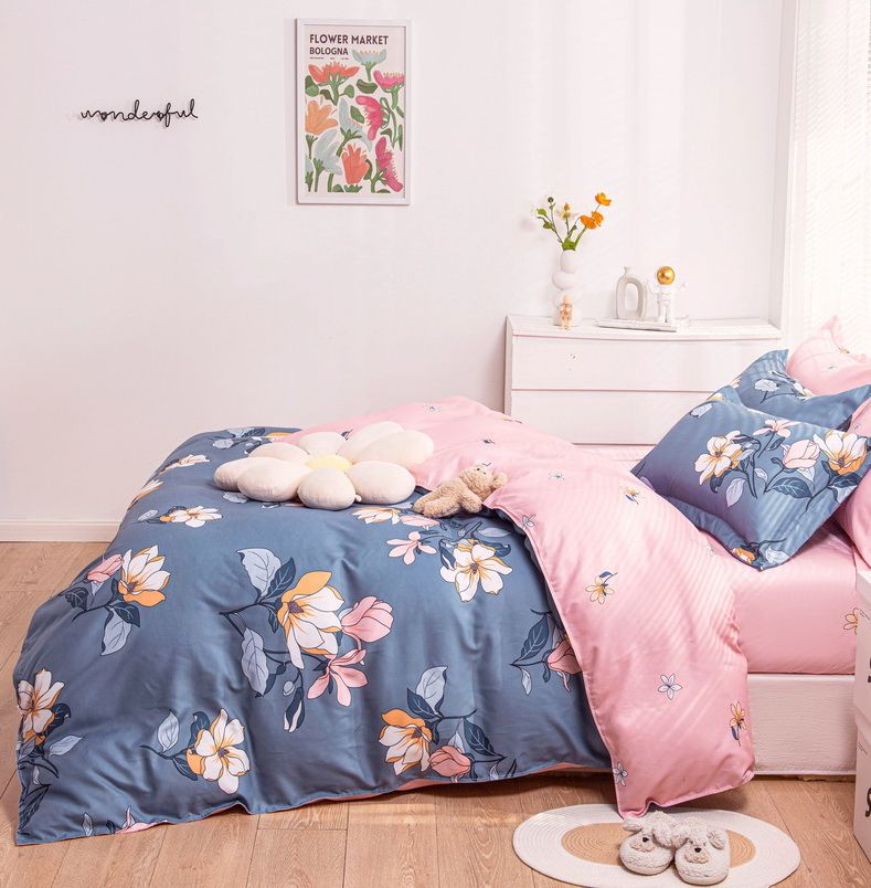 Linen Boutique Duvet Cover Set Reversible Flower Design Blue & Pink