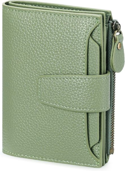 Women's RFID Blocking Leather Wallet 14 Card Slots 2 Zipper Pockets Green