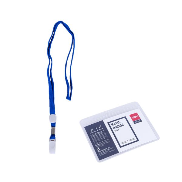 Deli Name Badge with Blue Lanyard 102x91x0.25mm Horizontal Blue 50Pcs