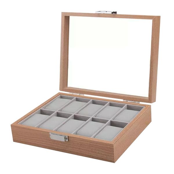 Portable 10 Grid Wooden Watch Box Storage Organizer