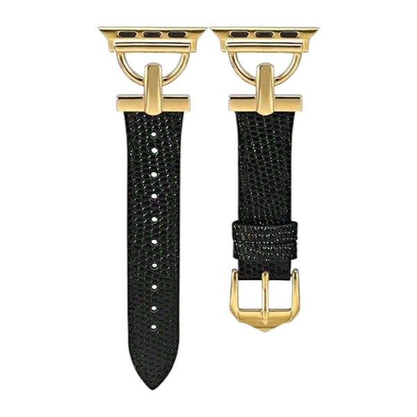 LeatherWatch Strap With Gold Metal Accents 46mm For S10 Compatible With Apple - Black