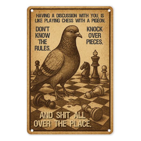 A4 Metal Wall Sign - Chess with a Pigeon Funny - Sarcastic Decor