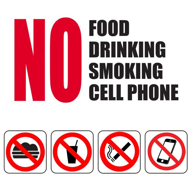 No Food Drinking Smoking Cellphone 19x19cm Sign -2 Pack.