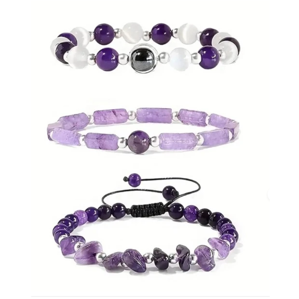 3 Piece Amethyst Bracelet Set For Ladies Accessory And Decoration
