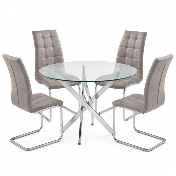 Modern 5-Piece Round Glass Dining Table &amp; 4 Cantilever Chairs Set