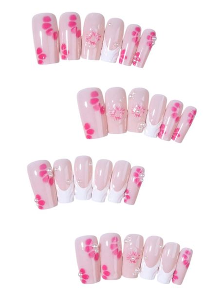 24-Piece - Blossom Press-On Nails With Floral Accents &amp; 3D Pearls - Pink