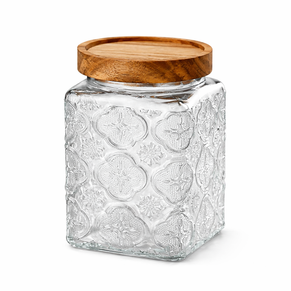 2 Pack - Glass Embossed Geometric 750ml Storage Jar - Transparent