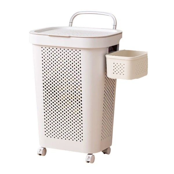 Rolling Laundry Basket With Side Storage Compartment - White