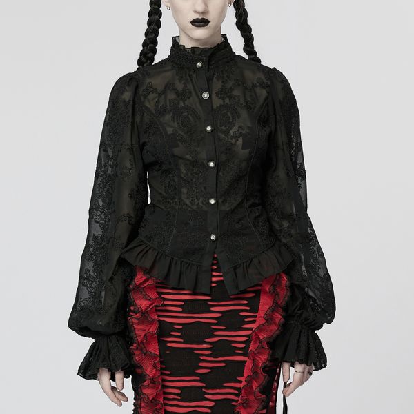 PUNK RAVE Gothic Chiffon Embroidered Perspective Blouse