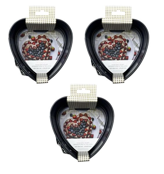 3-Piece Mini Heart Cake Pan with Flat Base Non-Stick Set, 12 x 11.5 x 4.5cm
