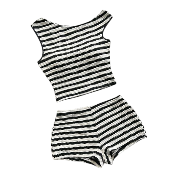 Striped Cropped Top and Shorts Set - Black/White