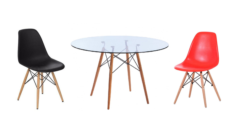 3 Piece Glass Table and Wooden Leg Chairs