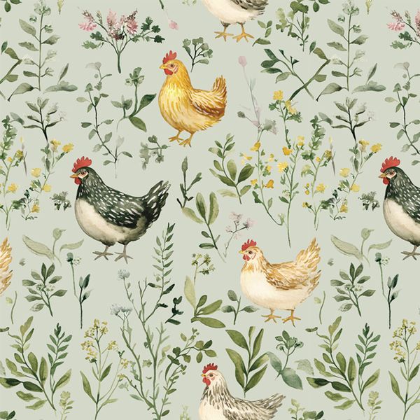 STICKCOOL Peel Stick Wallpaper Watercolor Chickens Wildflow Farmyard Garden