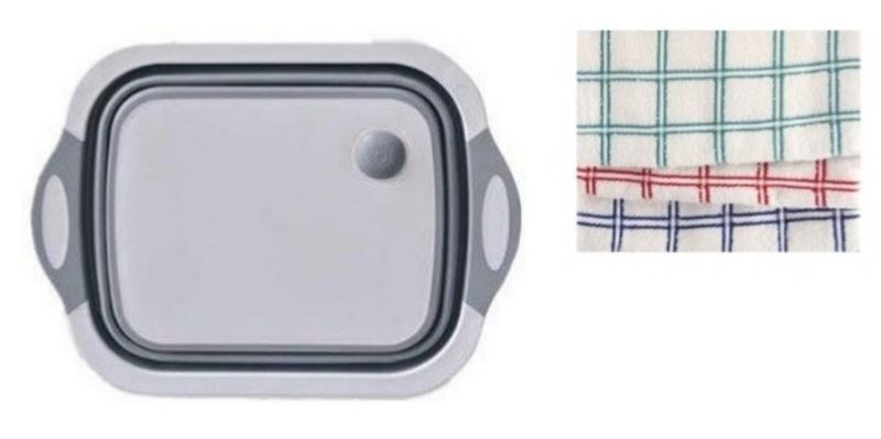 Foldable Cutting Board, Washing Bowl and Draining Basket With 3 Dish Cloths