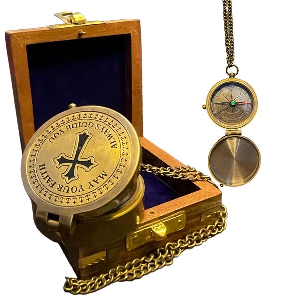 Antique pocket Compass Brass Nautical collectible with wooden box