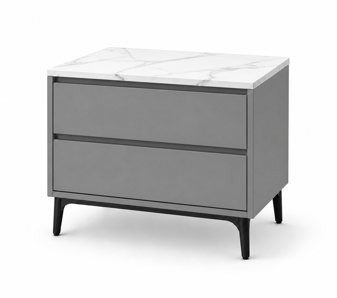White 2-Drawer Bedside Table Nightstand with Marble-Effect Top
