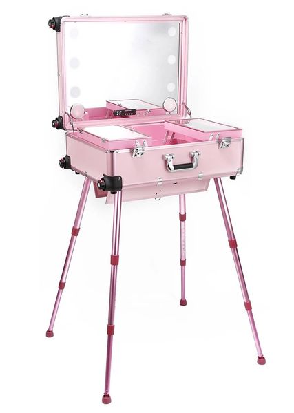 MC - Professional Aluminium Pink Makeup Case with Lights