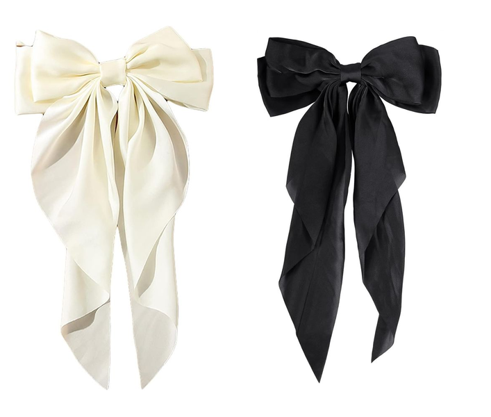 Large Satin Silk Hair Bow Clip - Black &amp; Cream
