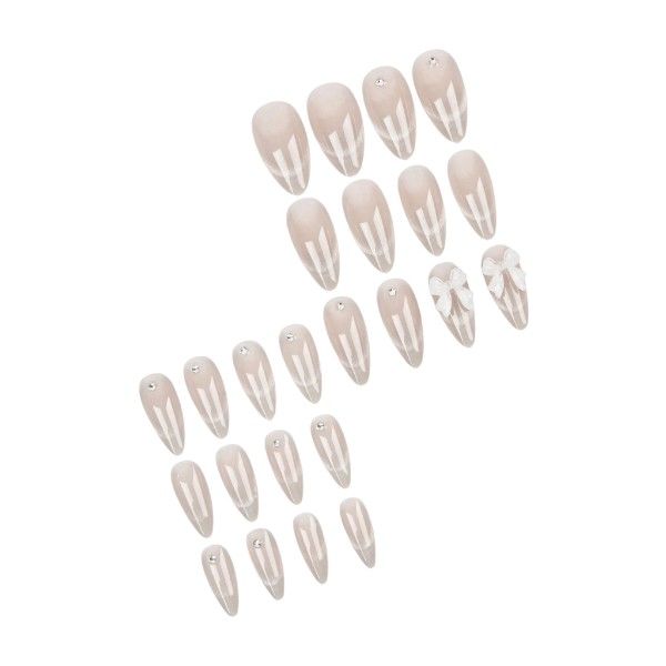 24 Gradient Almond Press On Nails With Rhinestones &amp; 3D Bow - Pearl White