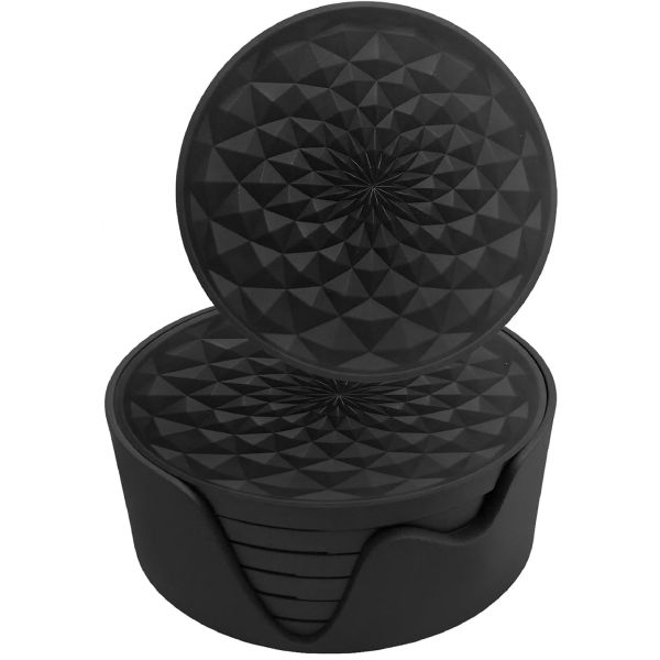 6 piece Silicone Coasters with Holder, Cup Mat for Tabletop Protection -Black