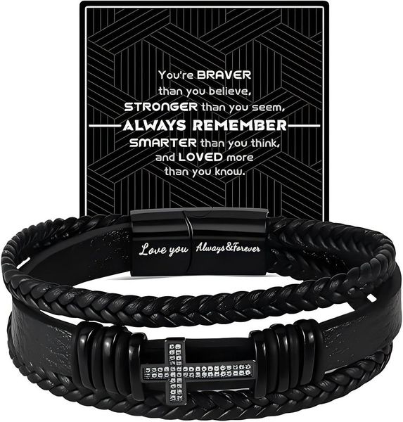 Mens Cross Leather Braided Bracelet, Valentines Day Gifts for Him Men
