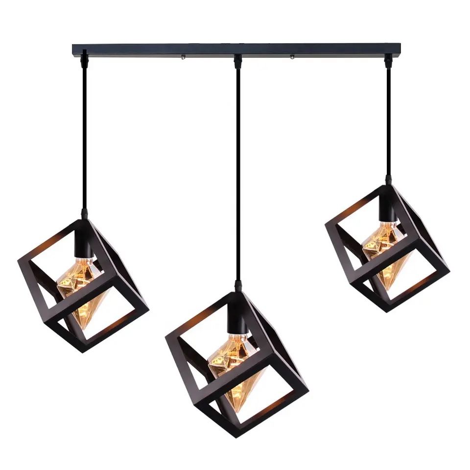 Three Lights Linear Cluster Black Geometric Cube Pendant Lamp