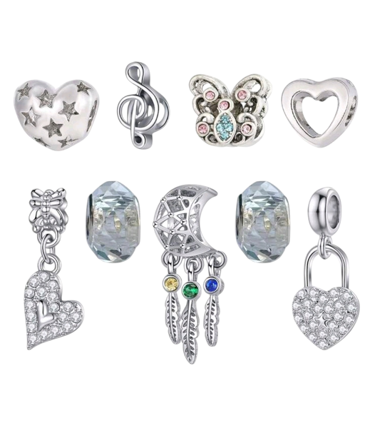 9 Pack Silver Dream Catcher and Hearts Beads Charms