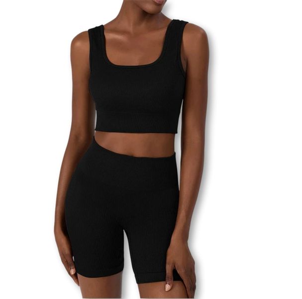 Yoga Basic 2 Piece Seamless Set Sports Bra and Biker Shorts - Black