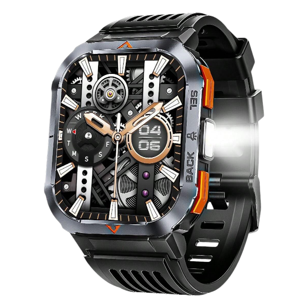 3ATM Waterproof Smartwatch With Flashlight &amp; Steel Watch Strap - Black