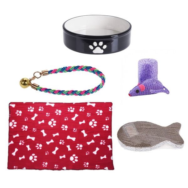Cat Bowl, Cat Collar, Blanket, Cat Scratcher &amp; Cat Toy