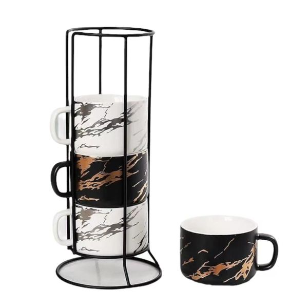 4 Pack Marble Coffee Ceramic Cup Stackable Mugs with Stand 226ml