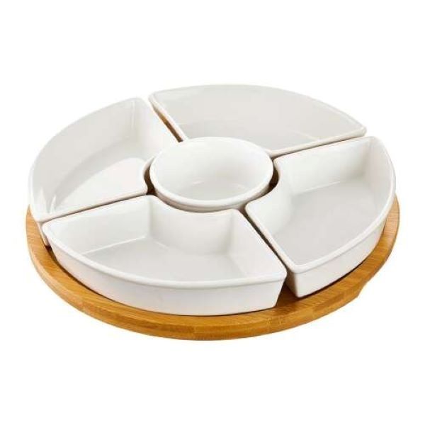 Porcelain Appetizer Serving Platter With Rotating Bamboo Base
